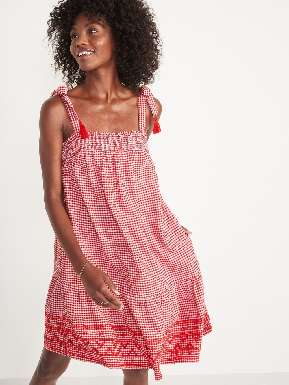 Old Navy Gingham Tie Strap Tiered Sleeveless Swing Mini Dress Red